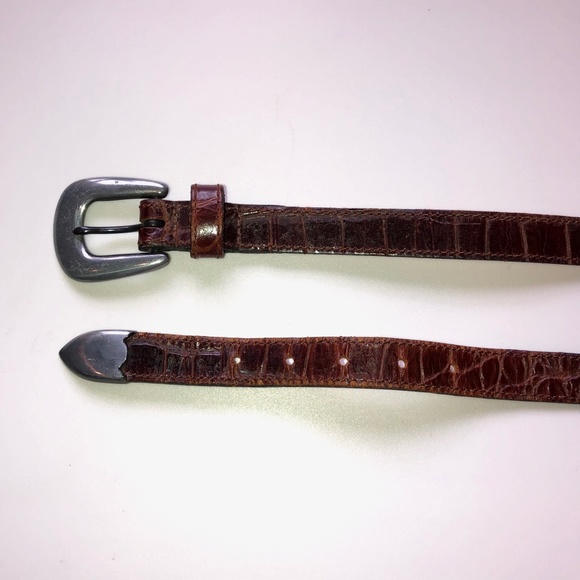 πHPπ JOAN & DAVID Brown Leather Croc Embossed Belt Silver Buckle + Tip Vintage - Picture 12 of 15